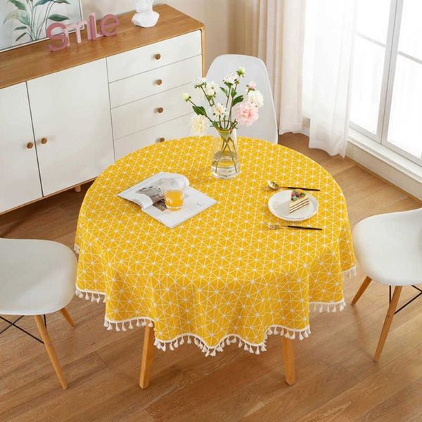 Nappe ronde nordique en coton et lin, rayée jaune, avec pompon blanc, en dentelle, pour arbre de noël, couverture de salle à manger, tissu lavable 210626211B