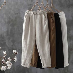 Coton lin pantalon printemps été cheville-longueur pantalon femme taille élastique décontracté lâche solide Harem grande taille 211118