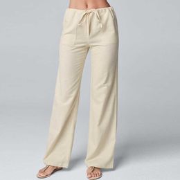 Katoenen linnen broek voor vrouwen gestapeld losse vintage plus size solide basis hoge taille wide been kaki broek zomer dames broek 210709