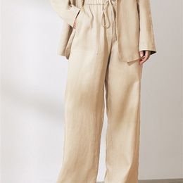 Katoenen linnen broek voor vrouwen gestapeld losse vintage plus size effen basic hoge taille wide been kaki broek zomer dames 220325