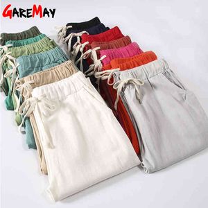 Pantalon en coton et lin pour femmes Pantalon ample décontracté couleur unie Harem grande taille Capri 's Summer 210428