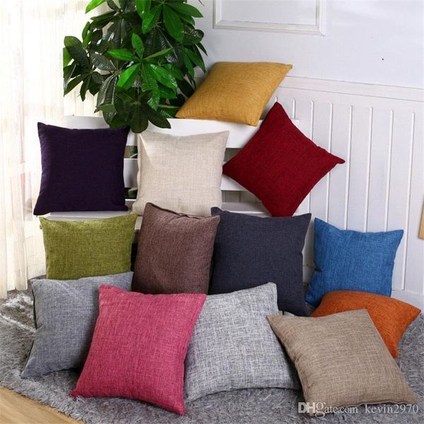 Coton lin taie d'oreiller solide toile de jute housse de coussin classique lin carré taie d'oreiller canapé voiture maison décorative 13 couleurs