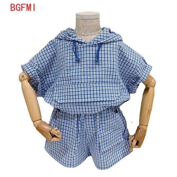 Ropa de algodón a cuadros 2 unids traje niños niña ropa deportiva nuevo coreano verano niñas con capucha conjunto casual manga corta top + pantalón traje para niños x0902