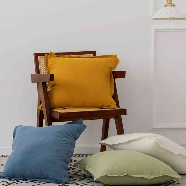 Coussin de coussin de coton lin plaine 50x50cm taie d'oreiller couverture ivoire moutarde vert bleu frangé pour la décoration de la maison lit canapé canapé 210401