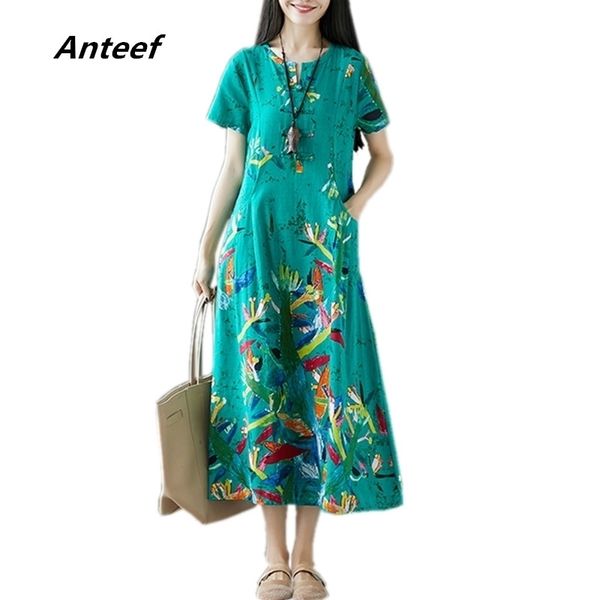 Coton Linen Plus Taille Vintage Femmes Floral Femmes Casual Loable Longue Robe Élégante Vestidos Vêtements Vêtements Dames Robes Sundress 210325