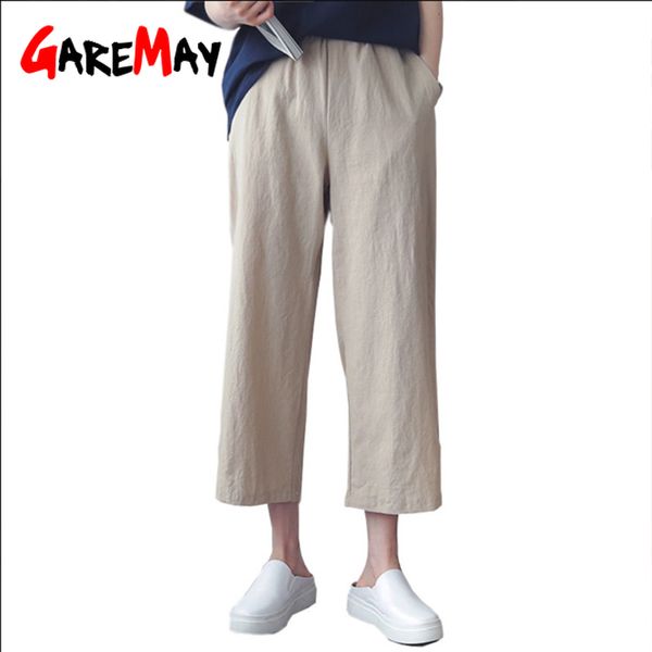 Coton lin grande taille pantalon à jambes larges femmes été taille haute cheville longueur lin décontracté coréen Harajuku. pantalon 210428