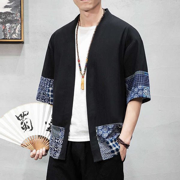 Chemise en lin de coton Vestes Hommes Chinois Streetwear Kimono Manteau Cardigan Plus Taille 5XL 4XL 210721