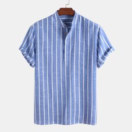 Chemise en lin de coton hommes été chemises à rayures à manches courtes couleur unie col rabattu décontracté style de plage chemisier haut pull 240301