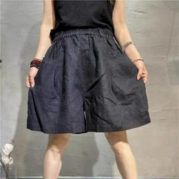 Lin en coton court d'été élastique élastique pantalon de jambe large occasionnel des vêtements à cinq points surdimensionnés 240510