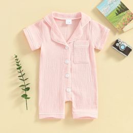 Coton lin d'été pour bébés garçons filles combinaisons à sauts décontractées née de vêtements de nuit courts à manches courtes cols bouton de pyjamas gamins 240408