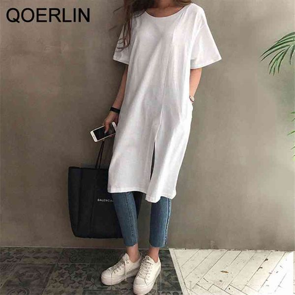 Coton Lin T-shirt Robe Femmes Coréen Slipt A-Line Manches courtes Lâche Casual Mid Longueur Noir Blanc Chemises Filles 210601
