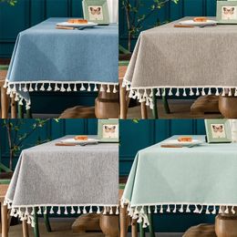 Nappe en lin de coton imperméable à l'eau résistante à l'huile sans lavage couleur unie tissu de repas Art Table à thé nappe à pompon rectangulaire 240123