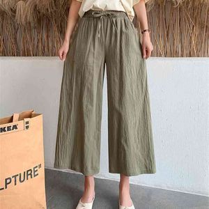 Pantalon à jambes larges en coton et lin pour femmes, longueur de mollet solide, taille droite, taille élastique, ample et décontractée, grande taille, 210522