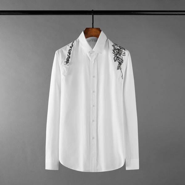 Coton hommes chemises de luxe à manches longues broderie décontracté hommes chemises habillées mode ample fête blanc homme chemises