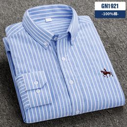 Camiseta de algodón Oxford a rayas a cuadros para hombre, Tops informales de manga larga, camiseta para hombre, camiseta de pony, ropa informal coreana, top con caballo bordado