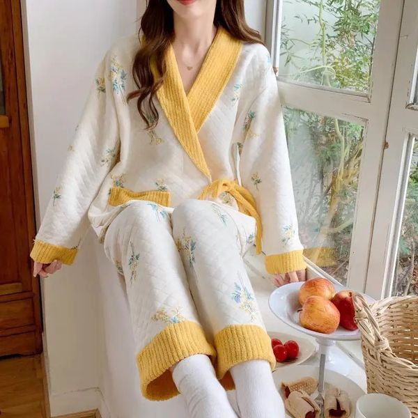 Pyjama d'allaitement de maternité rembourré en coton automne hiver vêtements de nuit d'allaitement chaud pour les femmes grossesse sommeil maison hôpital porter 240219