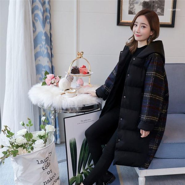 Coton Parka Femme Enceinte Patchwork Plaid À Capuchon Manteau D'hiver Plus Taille Épais Chaud Mode Outwear Casual Lâche Veste De Laine1