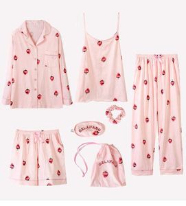 Katoen roze nachtkleding casual vrouwen 7 stks pyjama pak intieme lingerie lente print aardbei nightwear home kleding q0706