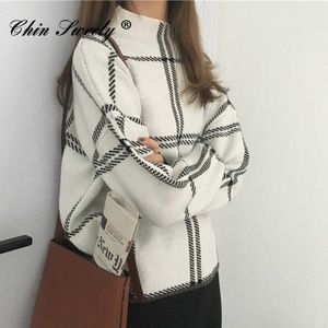 Katoenen plaid gebreide vrouwen sweaters halve turtleneck lange mouw dikker Koreaanse trui vrouwelijke 2021 winter meisje tops oversized x0721