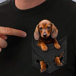 Katoen Pocket T-shirt Zomer Teckel Puppy Gedrukt T-shirt Mannen Voor Vrouwen Shirts Tops Grappige Zwarte Tees Drop 240401