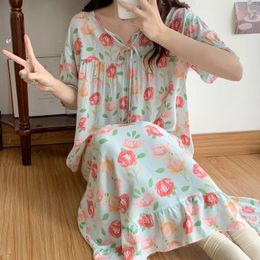 Coton Rayon Nightwear Femmes Corée des nombres de nuit en lâche Summer Impression féminine Longue robe de nuit douce Soue fille de nuit 240408