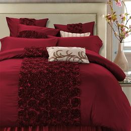 Katoen Satin Wine Red Luxe Chic Rose Dekbedoverkap Queen King Super Size Bedding Set Lepheet Pillowcases 240425