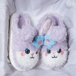 Pantoufles d'hiver en coton pour femmes, pantoufles chaudes en peluche violettes avec lapin de dessin animé, à semelles souples, taille 36 à 41