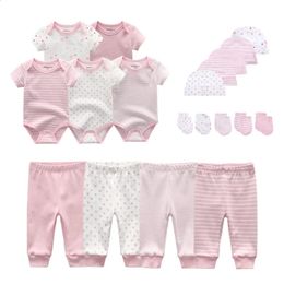 Cotton Solid Baby Sets Unisex Bodysuitspantshats Gloves Girl Boy Clothing Manga corta Roupas de Bebe 240327