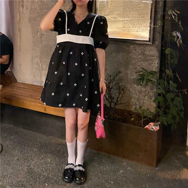Algodón verano puff manga mini vestido de mujer floral con cuello en v vestidos cortos sueltos para mujeres tendencia kawaii ropa japonesa 210527