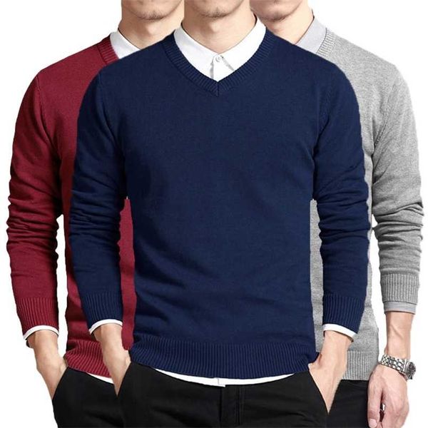 Suéter de algodón Hombres Jerseys de manga larga Outwear Hombre Cuello en V Suéteres masculinos Marca de moda Ropa de punto suelta Estilo coreano 211006