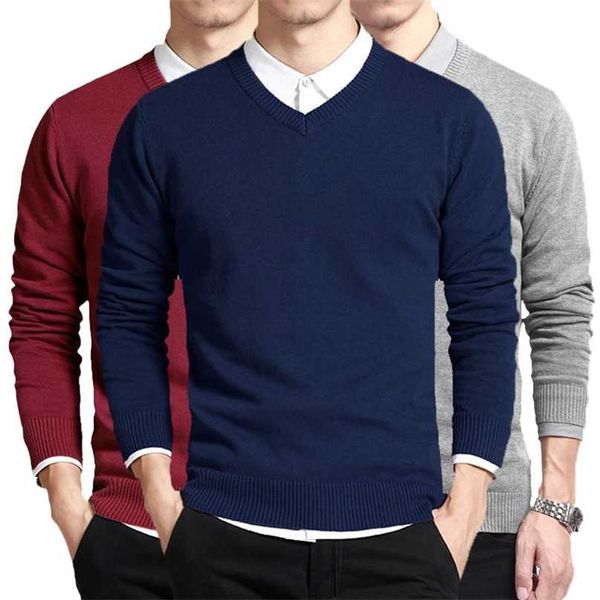 Suéter de algodón Hombres Jerseys de manga larga Outwear Hombre Cuello en V Suéteres masculinos Marca de moda Loose Fit Ropa de punto Estilo coreano 211008