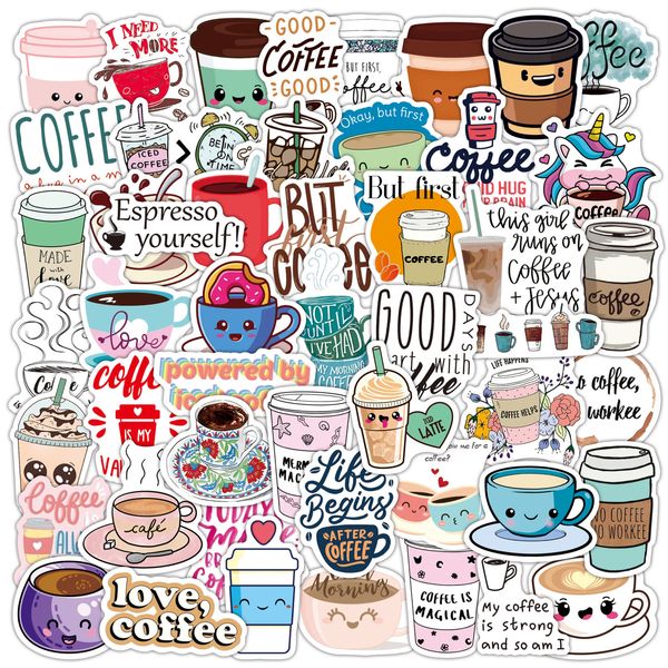 50 autocollants de dessin animé, thé au lait, café, doodle, tasse d'eau, boîtier de chariot, ordinateur portable, imperméable, mignon, vent