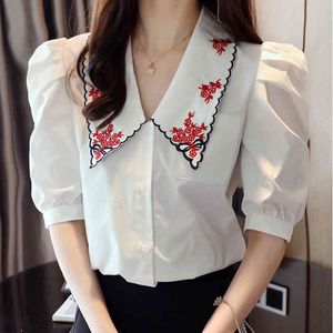 Katoen witte blouses shirts Zomer bladerdeeg half mouw herfst losse vrouwen lange mouwen geborduurd 60b 210420