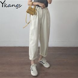 Algodón blanco Suelto novio pantalones de mezclilla mujeres cintura alta más el tamaño mamá jeans negro primavera beige azul plátano Jeans streetwear 201029