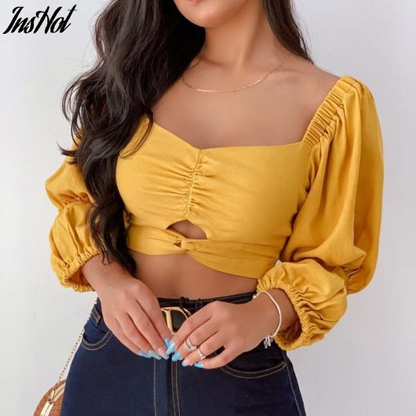 Algodón amarillo Primavera Verano Crop Shirt Top cuello cuadrado vendaje Sexy manga larga mujer blusa femenina Puff manga camisas 210514