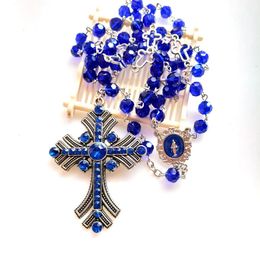 Cottvott Pray Chaplet Baplet Baptême Gothic Retro Blue Crystal Chaîne de perles Rhinestone Cross Medalla Milagrosa Rosary Collier Jewelry 240518