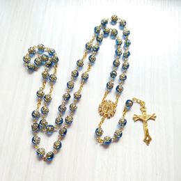 Cottvott Rhinestone St Benedict Medal Collar de rosario Religio Rose Rose Beads Cadena Crucifix Joya de colgante Cross 240518