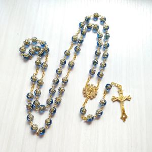 COTTVOTT RHINESTONE ST BENEDICT ROSARY Collier Religieux Blue Rose Prays Perles Crucifix Cross Pendants Jewelry 240518