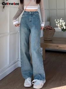 Cotvotee Jean bleu pour femmes mode coréenne décontracté taille haute jean Chic Vintage maman jean droit pleine longueur Y2k pantalon 240219