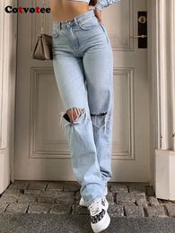 Cotvotee Ripped Jeans pour femmes Fashion Hole High Waited Vintage Streetwear Loose Y2K Pantalon Full Longueur 240401