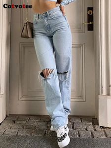 CotvoTee scheurde jeans voor vrouwen Fashion Hole High Tailed Vintage Streetwear Losse Y2K -broek volledige lengte 240401