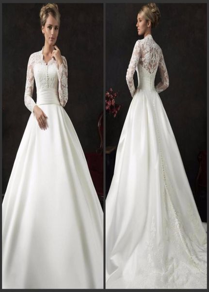 Vestidos de novia de conteo de trenes Camino de manga larga Cuerpo sexy de joya Cuello cubierto Botton de encaje elegantes Appliques maravillosos 2851759