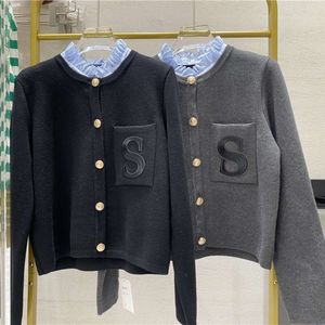 Manteau Cardigan tricoté en laine épaisse pour femme, compteur de qualité S, lettre brodée épissé, bord d'oreille bleu, col rond, hiver