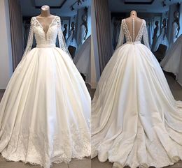 Country A Line Dresses Deep V Neck Pearls Lace Appliques Sweep Train Long Sleeve Bridal Gowns Wedding Dress Vestidos De Noiva