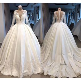 Country A Line Dresses Deep V Neck Pearls Lace Appliques Sweep Train Long Sleeve Bridal Gowns Wedding Dress Vestidos De Noiva 0430