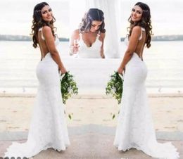 Country Beach Full Lace Bridal Sans manches Bohemian Robes Backless Robes de mariée VRCES V COUP SPAGHETTI ROBE DE MARIAGE 0509 0510