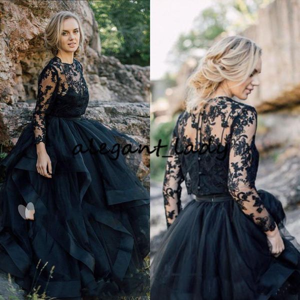 Vestidos de novia góticos negros de campo, vestido de novia bohemio de encaje con cuello transparente, vestidos de novia de manga larga con volantes baratos