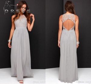 Vestidos de la dama de honor de la gasa del país Boho una línea de encaje transparente Hueco Hueco Gray Backless Wedding Vestida de invitados de invitados de Honor CUS6130956