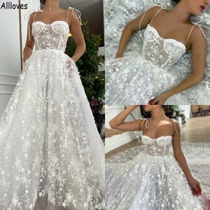 Country Boho Floral Lace A Line trouwjurken Sexy spaghetti riemen zwangerschap plus size bruidsjurken voor vrouwen Court Train Open Back Brides Vestidos de novia CL1824