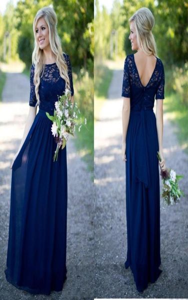 Vestidos de dama de honor de campo Mangas 2016 Lentejuelas ajustadas de encaje y gasa azul marino con fajín Vestidos largos de dama de honor EN617976988